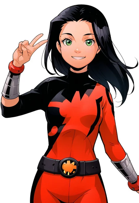 score_8, score_8_up, score_7_up, 1girl, female focus, solo, Caitlin_PP, black hair, long hair, green eyes, small breasts, turtleneck, Power Pack uniform, asymmetrical clothes, LS_logo, print bodysuit, red bodysuit, black bodysuit, bracers, metal bracers, belt, cowboy shot, looking at viewer, smile, v, rating_safe, simple background, white background