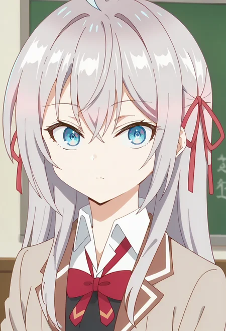 <lora:Alisa Mikhailovna-000013:0.9> alisa mikhailovna, long hair, 1girl, grey hair, solo, blue eyes, hair between eyes, hair ribbon, red ribbon, crossed bangs, ahoge, , white shirt, jacket, school uniform, brown jacket, collared shirt, black skirt, white thighhighs,bowtie, looking at viewer, upper body, score_9, score_7_up,anime coloring ,source_anime, anime, anime screencap