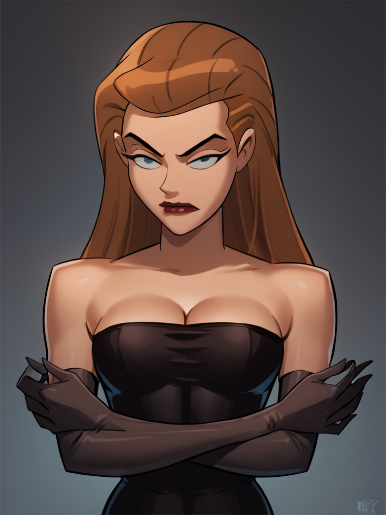 score_7_up, score_8_up, score_9, masterpiece, perfect face, perfect hands, high quality, source_anime, (1girl, solo,) <lora:Mercy_Graves_-_Justice_League_DC:1> mercygraves, brown hair, long hair, black micro dress, strapless, bare shoulders, cleavage, black elbow gloves,