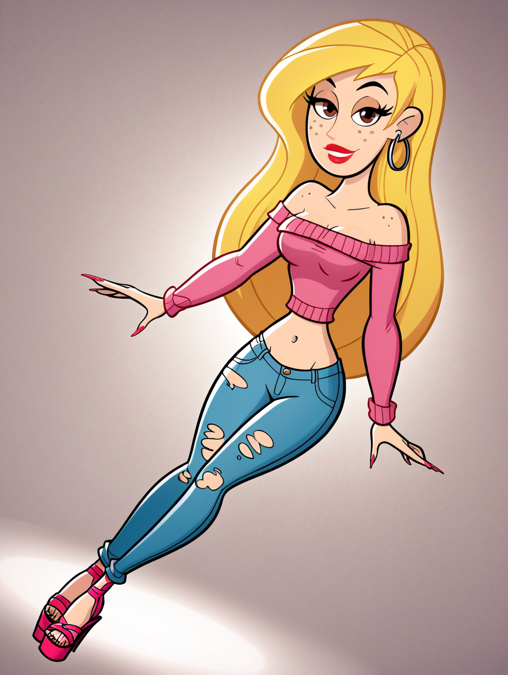 score_9, score_8_up, score_7_up, (toon \(style\):1),(flat colors:1),facing viewer,ultra high quality,ultra high resolution,ultra , seductive,(extremely detailed), detailed background,,(masterpiece, best quality, high quality, highres, ultra-detailed),full body,inside, bedroom in background, spotlight effects.,close up, cowboy shot,   dutch angle ,perfect eyes,perfect face,,narrow waist,perfect breasts,perfect eyes,perfect face,eager expression,earrings,facing viewer, 
<lora:Veronica_Stoppable:0.9> veronica stoppable, toon (style), flat color, freckles, narrow waist,  brown eyes, long hair,  long eyelashes,  long hair, brown eyes, seductive smile, long eyelashes, medium breasts, wide hips, long legs, red lips, looking at viewer,blonde hair, Off-the-shoulder sweater , pastel pink sweater, ripped skinny jeans, fashionable platform sandals, oversized hoops,midriff,long nails,