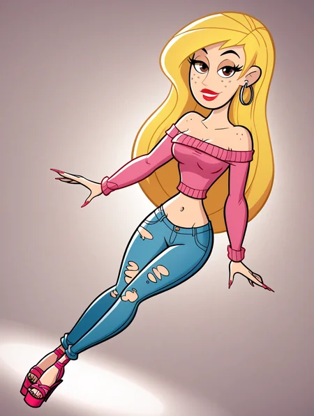 score_9, score_8_up, score_7_up, (toon \(style\):1),(flat colors:1),facing viewer,ultra high quality,ultra high resolution,ultra , seductive,(extremely detailed), detailed background,,(masterpiece, best quality, high quality, highres, ultra-detailed),full body,inside, bedroom in background, spotlight effects.,close up, cowboy shot,   dutch angle ,perfect eyes,perfect face,,narrow waist,perfect breasts,perfect eyes,perfect face,eager expression,earrings,facing viewer, 
<lora:Veronica_Stoppable:0.9> veronica stoppable, toon (style), flat color, freckles, narrow waist,  brown eyes, long hair,  long eyelashes,  long hair, brown eyes, seductive smile, long eyelashes, medium breasts, wide hips, long legs, red lips, looking at viewer,blonde hair, Off-the-shoulder sweater , pastel pink sweater, ripped skinny jeans, fashionable platform sandals, oversized hoops,midriff,long nails,