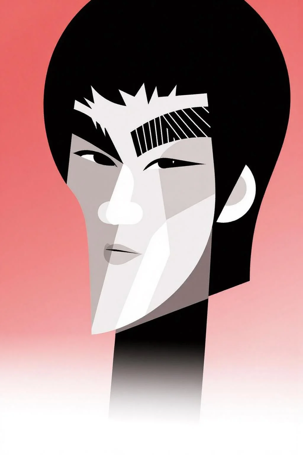 The image is a digital drawing in a stylized, minimalist art style, resembling a modern pop art piece. The subject is a stylized portrait of a n Asian man, Bruce Lee, a martial artist and actor, depicted in a geometric, abstract manner. His face is elongated and stylized, with a prominent, angular jawline and a small, pursed mouth. <lora:palo1_cap_d6a3e12:1.0><lora:821345897880388651:0>