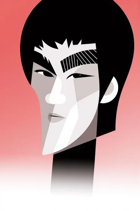 The image is a digital drawing in a stylized, minimalist art style, resembling a modern pop art piece. The subject is a stylized portrait of a n Asian man, Bruce Lee, a martial artist and actor, depicted in a geometric, abstract manner. His face is elongated and stylized, with a prominent, angular jawline and a small, pursed mouth. <lora:palo1_cap_d6a3e12:1.0><lora:821345897880388651:0>