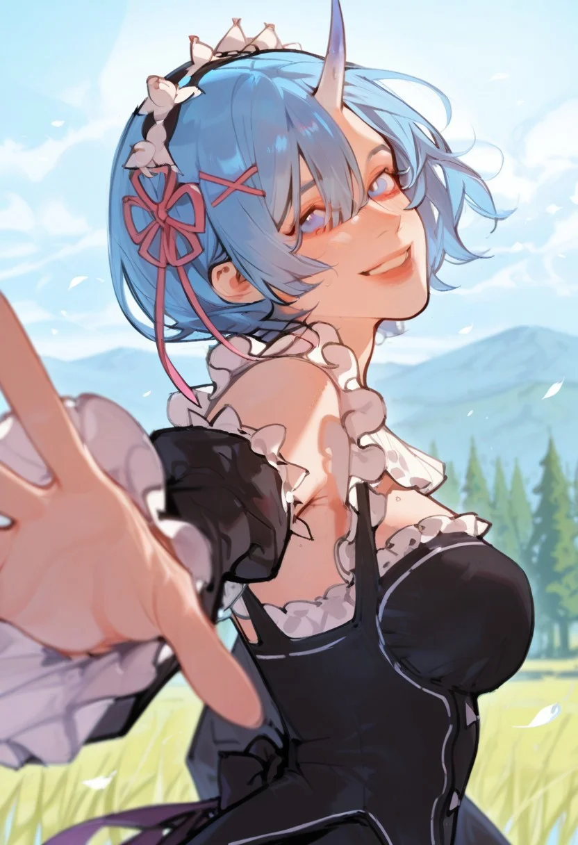 best quality, detailed face, detailed eyes, , solo,
by kp, usnr
masterpiece, best quality, amazing quality, rem \(re:zero\), 1girl, solo, short hair, blue eyes, medium breasts, blue hair, single horn, grin,
looking at viewer, smile, outstretched arm, reaching towards viewer,
black dress, maid headdress, x hair ornament, pink ribbon, hair ribbon, frills, detached sleeves, hair flower, frilled sleeves, flower knot, roswaal mansion maid uniform,
upper body, from side, outdoors, white flower, wind,
Depth Of Field, blurry foreground, <lora:noobai_ep11_stabilizer_v0.138_fp16:0.3> <lora:NOOB_vp1_detailer_by_volnovik_v1:0.3> <lora:USNR_STYLE_ILL_V1_lokr3-000024:0.8> <lora:XXX667:0.5> <lora:lpc_v10:0.6>