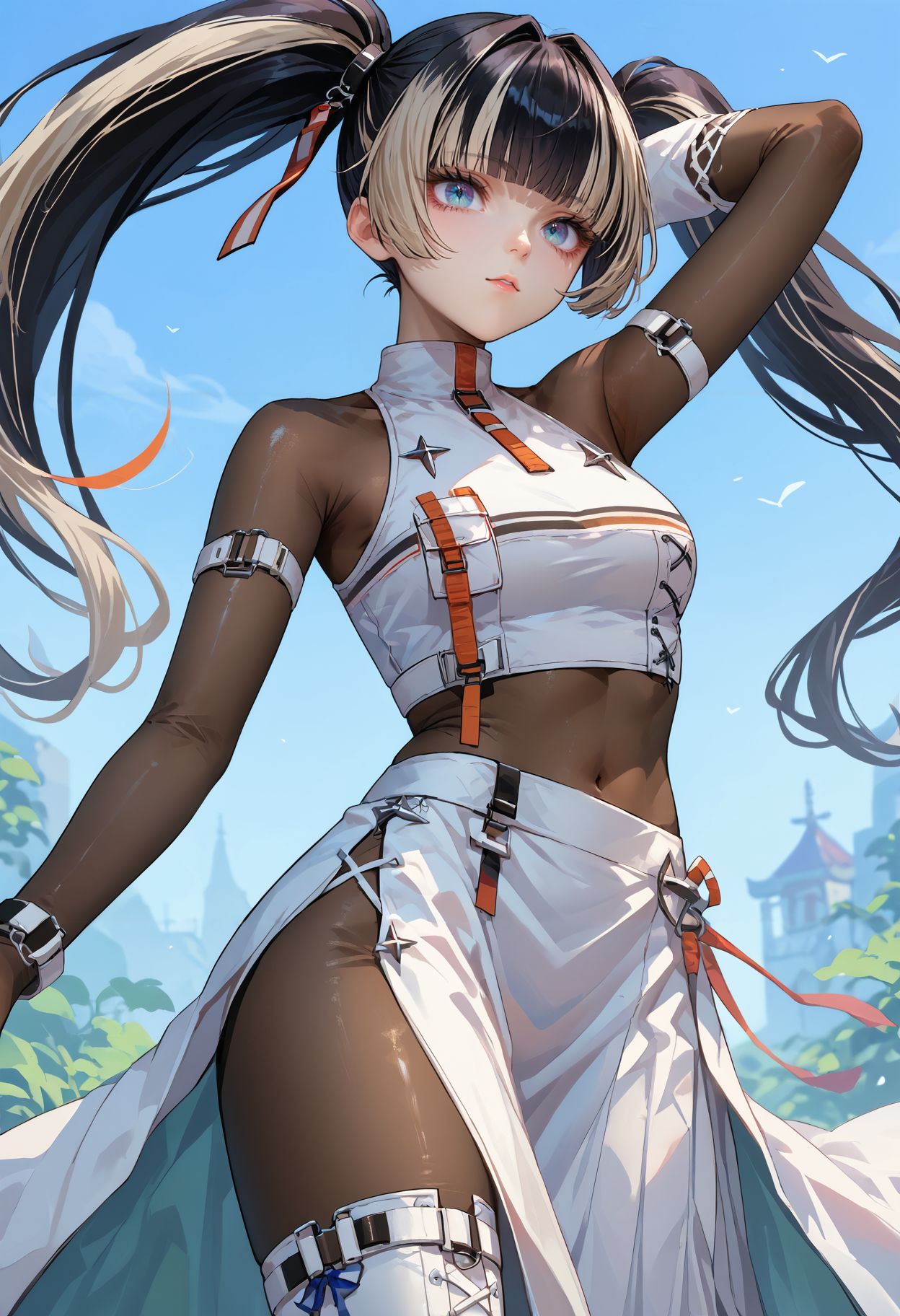 score_9,score_8_up,score_7_up, <lora:juufuutei_raden_hololive_pdxl_goofy:1>jufuraidengloss, black hair, multicolored hair, long hair, twintails, white crop top, bodystocking, arm belt, single arm warmer, white skirt, long skirt, side slit, white thigh boots