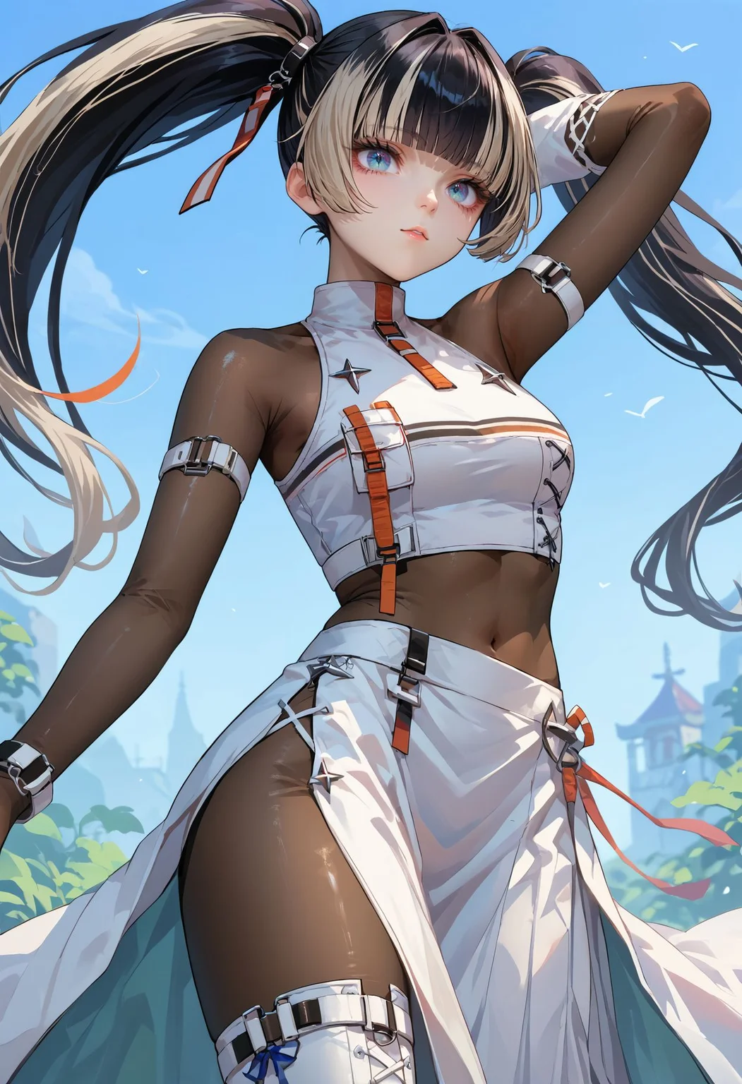 score_9,score_8_up,score_7_up, <lora:juufuutei_raden_hololive_pdxl_goofy:1>jufuraidengloss, black hair, multicolored hair, long hair, twintails, white crop top, bodystocking, arm belt, single arm warmer, white skirt, long skirt, side slit, white thigh boots