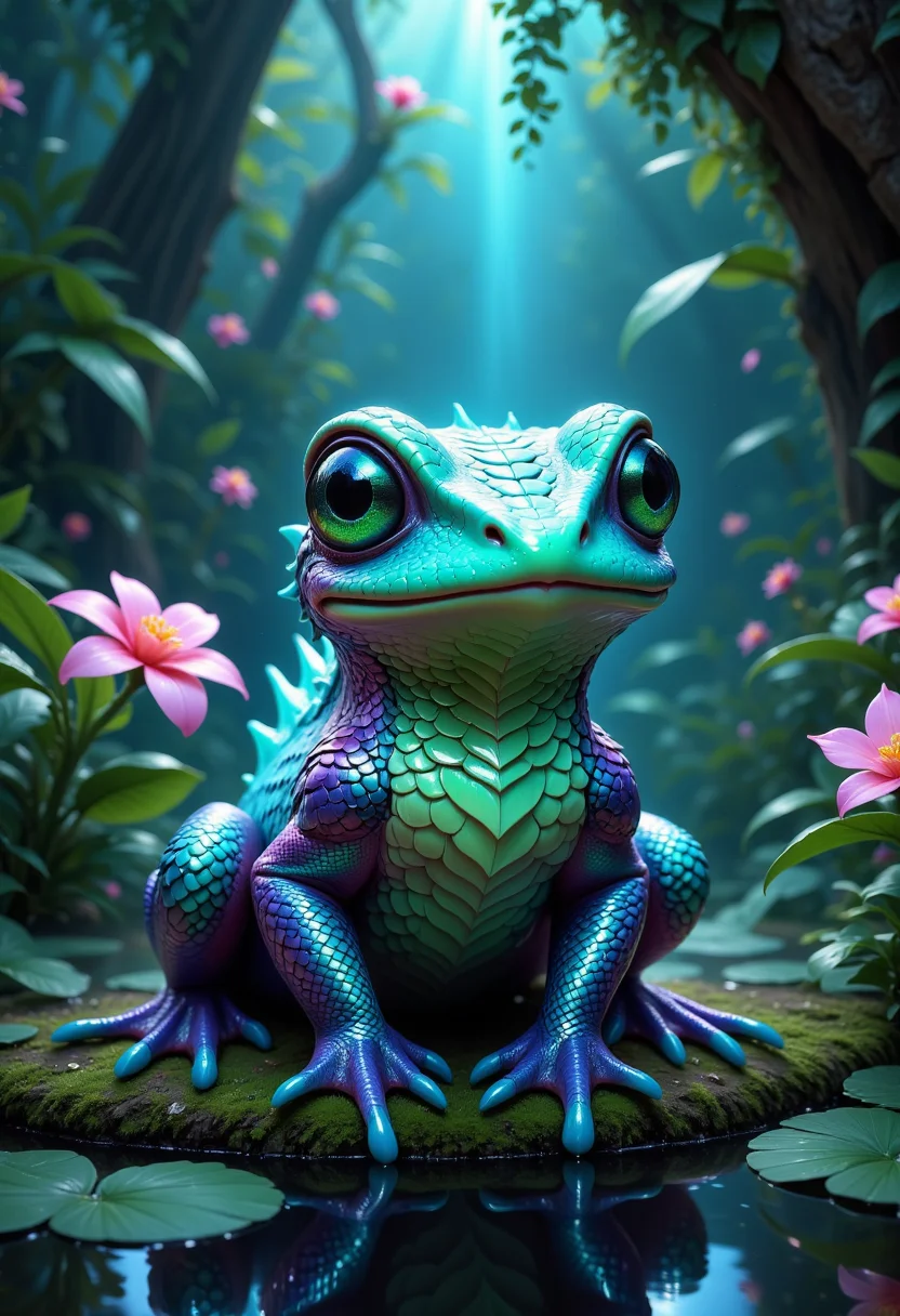 This is a highly detailed, digital artwork featuring a vibrant, glowing frog in a lush, tropical environment. The frog, centrally positioned, is rendered in a surreal, almost ethereal style with a translucent, jelly-like appearance. Its skin is adorned with intricate, flowing patterns in shades of blue, green, and purple, giving it a luminescent quality. The frog's eyes are large and prominently green, with a black pupil, adding to its otherworldly appearance.