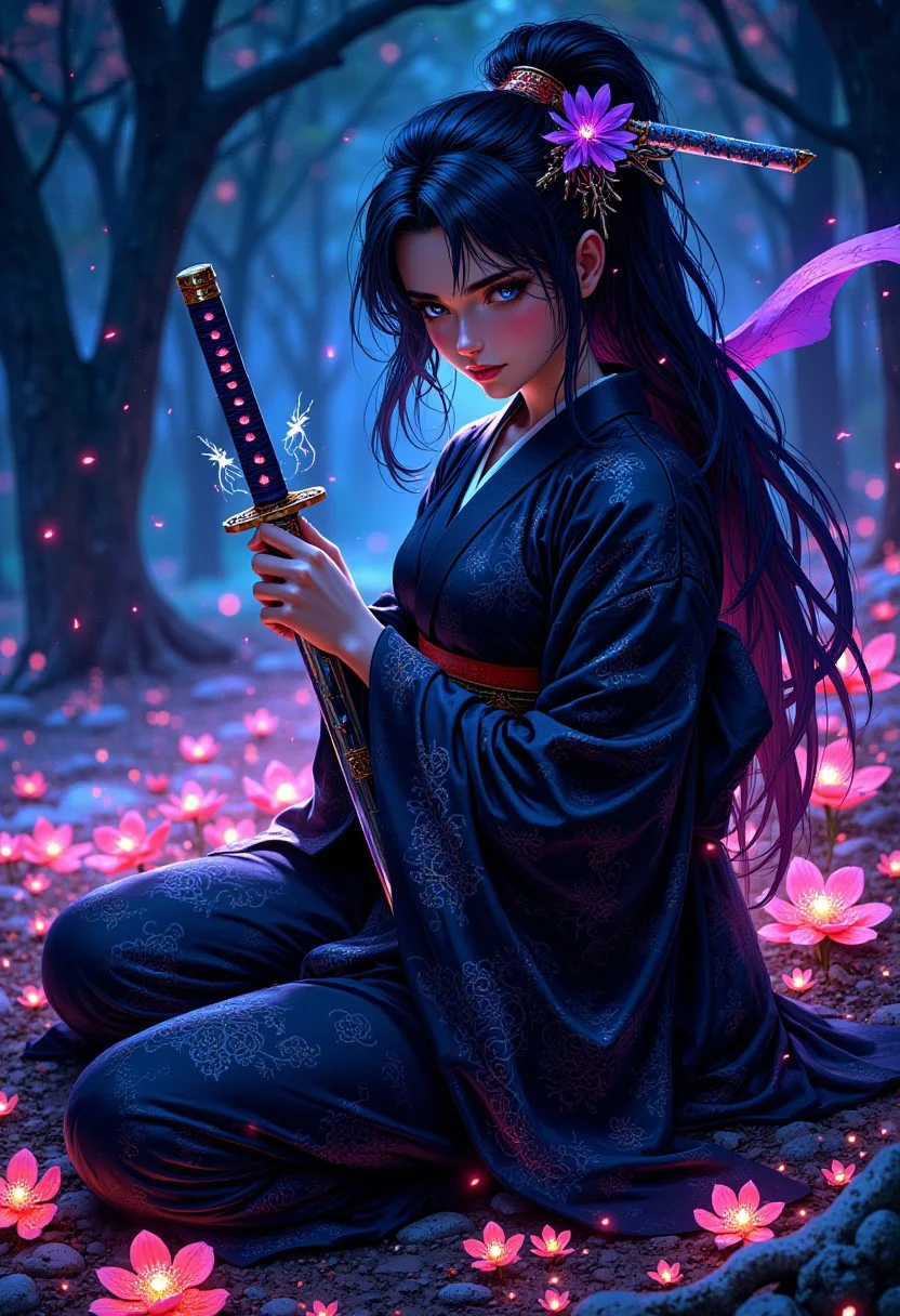 Best quality, neon light, a beautiful girl wearing intricate detailed black kimono holding an iridescence glowing katana, made of liquid metal, in a fantasy art style, with long dark blue hair, sitting on the ground covered in bioluminescence floral, with a highly detailed face and beautiful eyes <lora:FluxMythP0rtr4itStyle:1> mythp0rt