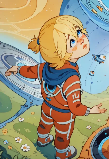 score_9, score_8_up, score_7_up
outdoors, grass plain, tall grass
alisattp, 1girl, solo, blonde hair, blue eyes, blush stickers, hair between eyes, bangs, red bodysuit, <lora:alisattp_pdxl-000009:1>
view from rear, looking up, space ship in the air