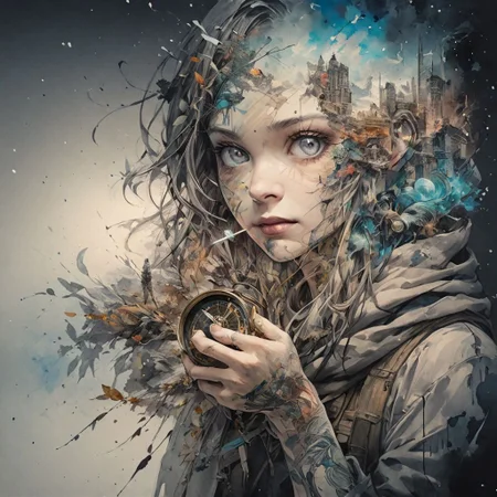 Adventurous explorer with compass, by Minjae Lee, Carne Griffiths, Emily Kell, Steve McCurry, Geoffroy Thoorens, Aaron Horkey, Jordan Grimmer, Greg Rutkowski, amazing depth,high resolution, ink painting