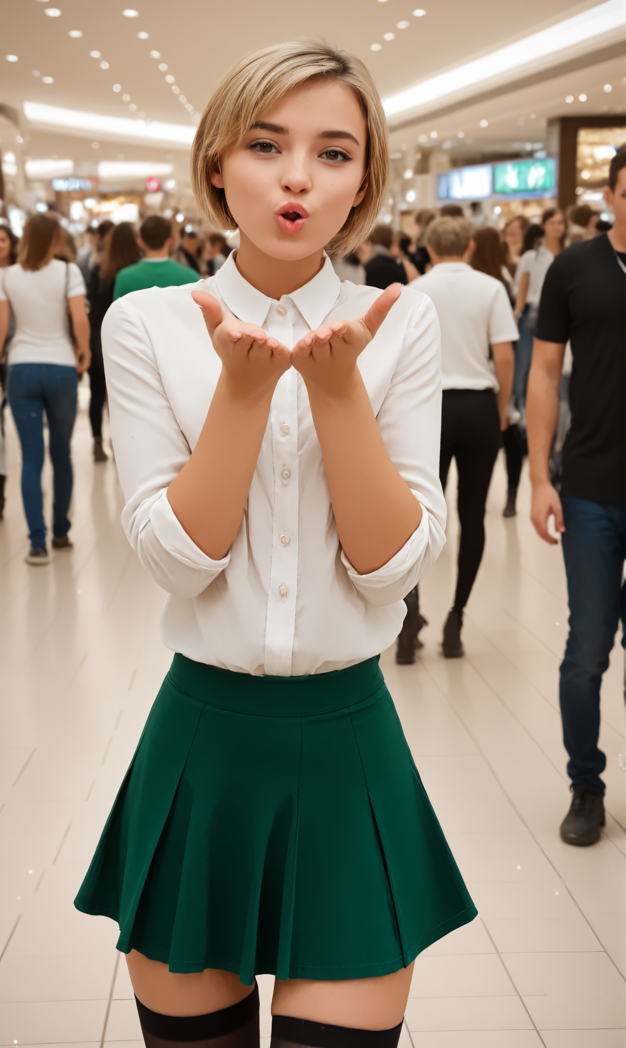 blaiki, wionha, (slim 25 years old girl) in green skirt and white blouse is blowing an air kiss with one hand, standing in a crowded mall. black (holdup stockings), necklace,  short blonde hair  
  <lora:AirKiss:1>