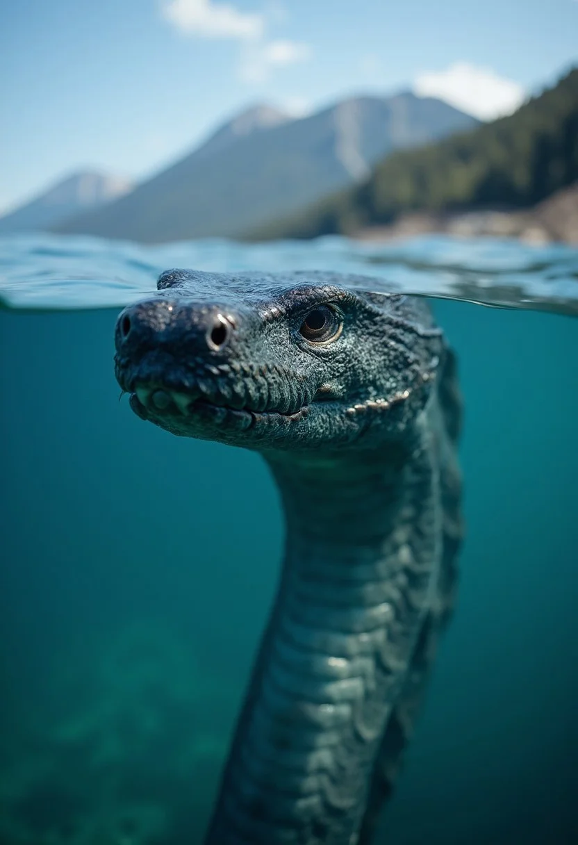 photorealistic close-up of a sea serpent, ocean, partially immersed, high detail, shallow depth of field, aidmaHyperrealism
