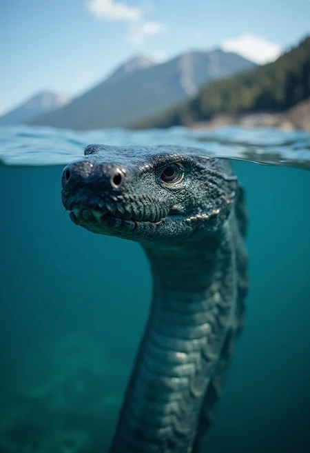 photorealistic close-up of a sea serpent, ocean, partially immersed, high detail, shallow depth of field, aidmaHyperrealism