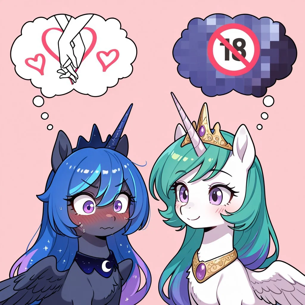 masterpiece, best quality, amazing quality, very aesthetic, absurdres, newest, duo, multiple_persons, pony, mare, Princess Luna, Princess Luna is an alicorn, her body is the dark blue of the night sky, Her mane and tail are long and wavy, Her eyes are green, She wears a crescent-shaped ornament on her neck, and a crown on her head, princess celestia, alicorn, pony, white fur, horn, feathered wings, multicolored hair, purple eyes, another_ship_dynamic_i_enjoy_(meme), blush, smile, simple background, 2girls, heart, censored, mosaic censoring, thought bubble,