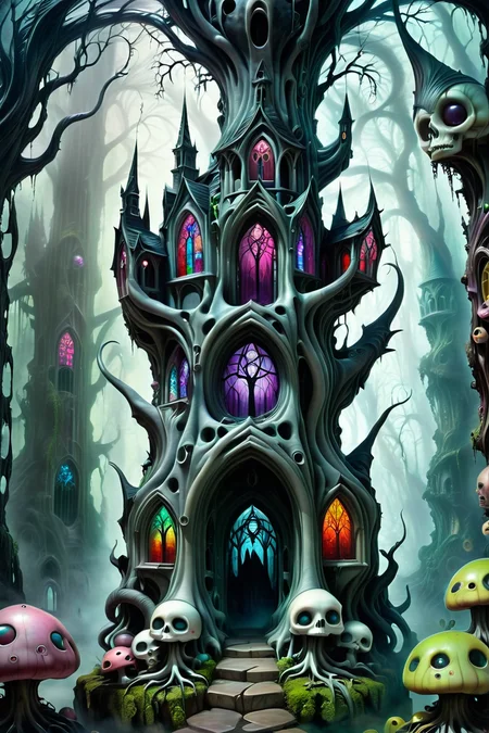 Twisted Gothic Cathedral in a Forest - A grand, gothic cathedral with exaggerated spires and stained-glass windows depicting surreal, dreamlike scenes. The cathedral is nestled deep within a dark forest, with giant, gnarled trees whose roots twist around the structure like serpents. <lora:EnvyPastelGoth02-prodigy-batch6:1> <lora:SDXLFaeTastic2400:1> <lora:Goth_SDXL_V1:1> <lora:LowBrowXL:1> <lora:GothGirlLorav0.1:1>