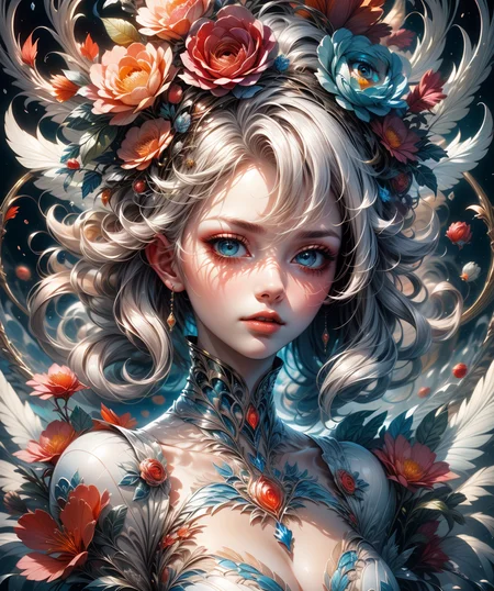 (masterpiece), (best quality), (vibrant light colors), intricate pattern, <lora:AnzhcDreamwave v3_1 watermark fix:0.5> anzhcdreamwave, aesthetic, canvas with red paint, 1girl, white hair, pale, creativity, white dress, hair ornament, dreamlike, <lora:more_details:0.5>, (blurry background:1.1)