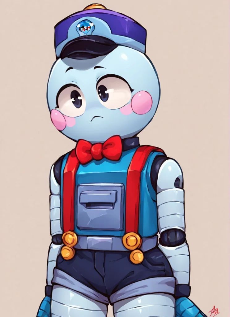 score_9, score_8_up, score_7_up, <lora:bslou:1>bslou , 1 girl , hat , robot, red suspenders, blue body , blush stickers, red bowtie , black minishorts , bare shoulders,