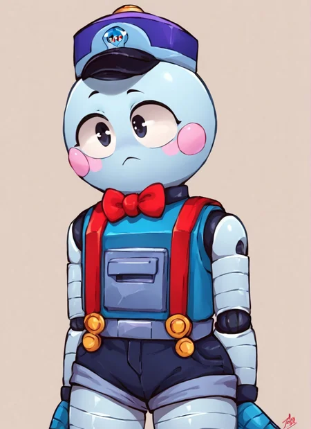 score_9, score_8_up, score_7_up, <lora:bslou:1>bslou , 1 girl , hat , robot, red suspenders, blue body , blush stickers, red bowtie , black minishorts , bare shoulders,