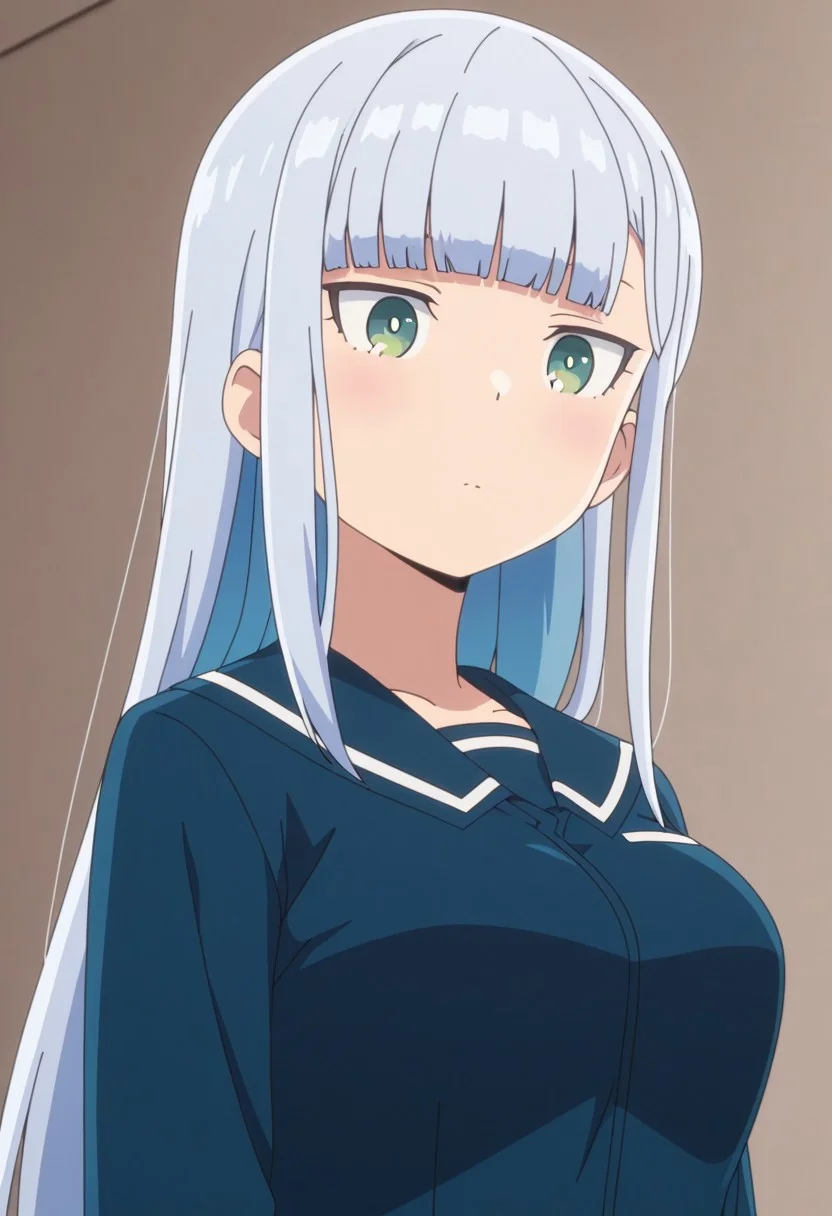 Masterpiece , best quality , amazing quality , anime screencap , ahareneru , a girl , 1girl , long hair , blunt bangs , grey hair, green eyes, sidelocks, blue hair , blue serafuku , medium breasts
