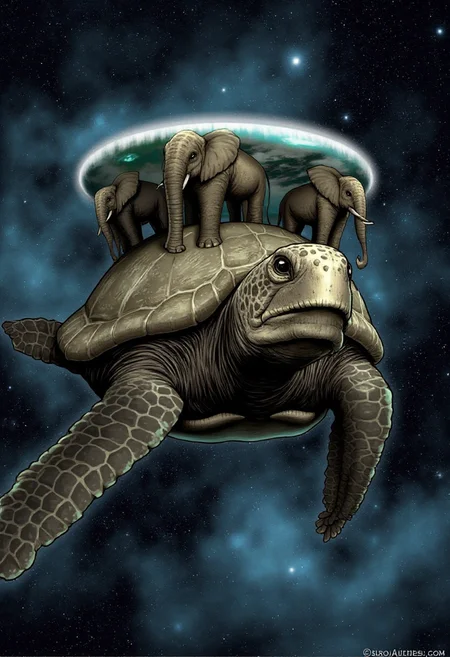 The Great A'Tuin is an immense, cosmic turtle swimming through the infinite void of space. Its massive, ancient shell is covered in craters and ridges, some glowing faintly with the light of distant stars. On top of its back, four colossal elephants stand tall, arranged in a circle at 90 degrees to each other, supporting the vast, isometric disc-shaped world of Discworld on their broad shoulders. The turtle's leathery skin glistens faintly in the starlight, its large, serene eyes staring forward as it moves slowly through the galaxies. Below its enormous flippers, stars and nebulae swirl, creating an awe-inspiring contrast of size and serenity. A'Tuin's age is suggested by the weathering on its shell and the deep, wise expression in its ancient gaze. The entire scene feels both fantastical and majestic, with a sense of cosmic purpose and grand mythology.