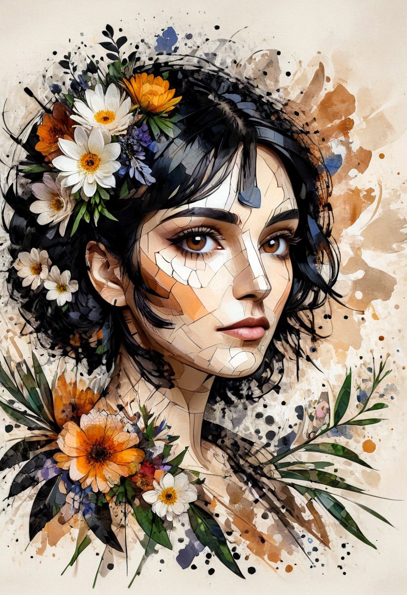 InkMosaic, a portrait of a woman with flowers in her black hair, brown eyes