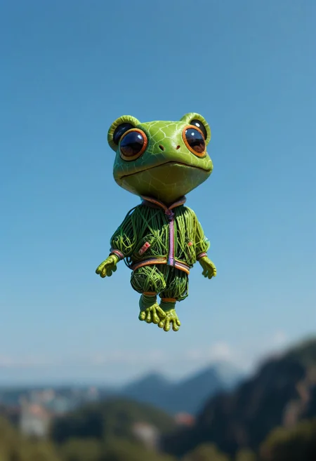 score_9, score_8_up, score_7_up, score_6_up, score_5_up, score_4_up, masterpiece, very aesthetic, absurdres, Tilt shift photography style, photo, a chibi frog, floating in air, blue sky, blurry background, green neon, wires, made of wires, cables, outlined with wires and purple neon, green neon outlines, wire sculpture, green neon wire sculpture,