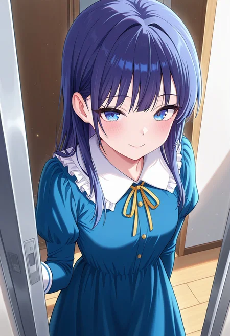 (absurdres, best quality, masterpiece:1.4), amazing quality, highres, newest, detailed, detailed body, detailed face, beautiful, petite,
BREAK
WWNemu, 1girl, solo, standing, smile, NemuMang, manga illustration, blue dress, white frill collar, neck ribbon