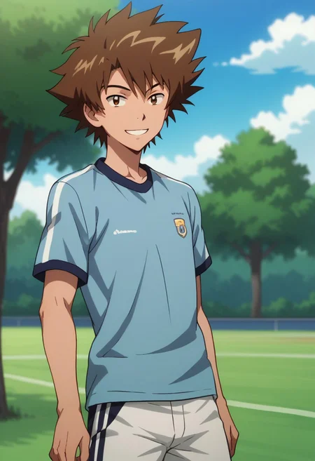 score_9, score_8_up, score_7_up, source_anime, highly detailed,
taitri, 1boy, male focus, solo, brown hair, brown eyes, smile, soccer uniform, shorts, smile, blue shirt,
outdoor, sky, tree