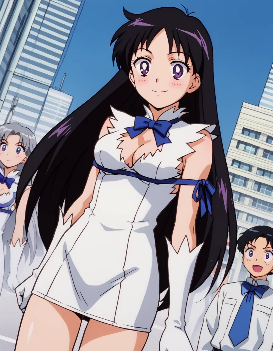 score_9, score_8_up, score_7_up, source_anime, <lora:rei-hino-supers-movie-ponyxl-lora-nochekaiser:1>, rei hino, black hair, diadem, long hair, purple eyes, parted bangs,, <lora:hestia-cosplay-ponyxl-lora-nochekaiser:1>, hestiacosplay, hestia (danmachi) (cosplay), blue bow, blue bowtie, bow, bowtie, cleavage, cleavage cutout, clothing cutout, dress, gloves, pencil dress, rei no himo, short dress, white dress, white gloves, blue ribbon, arm ribbon,, outdoors, cityscape, street, smile, blush, , cowboy shot, dutch angle