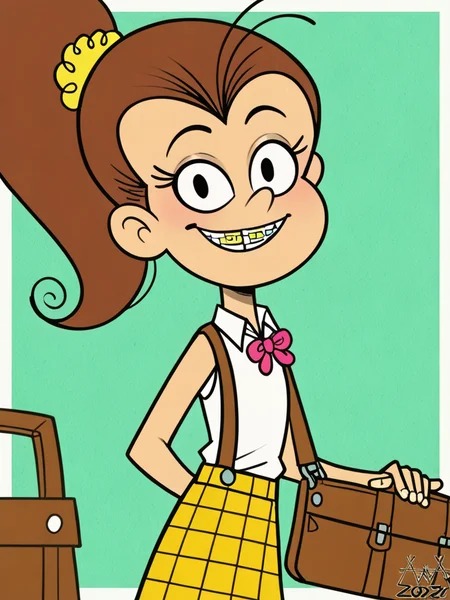 score_9, score_8_up, score_7_up, score_6_up, score_5_up,
Luan Loud, brown hair, ponytail, black eyes, yellow scrunchie, braces, buck teeth, long hair, parted bangs, white shirt, collared shirt, sleeveless, yellow skirt, plaid skirt
, 1girl, solo, looking at viewer
, aaaninja <lora:AAANinja:1> <lora:Luan_LoudV1:0.65>