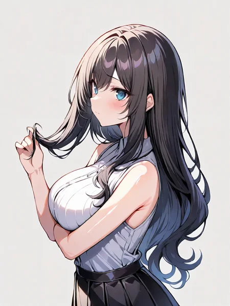masterpiece,ultra-detailed,best quality,8K,illustration,cute face,clean skin ,shiny hair,girl,large breasts,ultra-detailed-eyes,simple background, <lora:playing with own hair_XL_illustrious_V1.0:1> playing with own hair