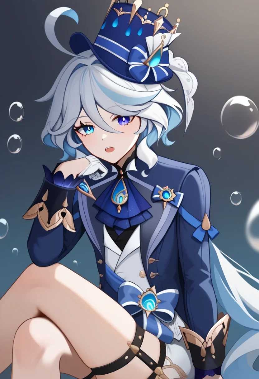 score_9,score_8_up,score_7_up,<lora:furina_(genshin_impact)_pony:1>,open_jacket, brooch, sitting, sidelocks, head_rest, crossed_legs, 1girl, thigh_strap, white_background, elbow_rest, highres, furina_\(genshin_impact\), eyelashes, blue_jacket, open_mouth, long_sleeves, blue_hat, blue_gemstone, simple_background, top_hat, white_shirt, lapels, commentary_request, hair_intakes, looking_at_viewer, sleeve_cuffs, hand_up, short_shorts, solo, :o, blue_bow, blue_ascot, white_gloves, bubble, sparkle, heterochromia, white_shorts, frilled_sleeves