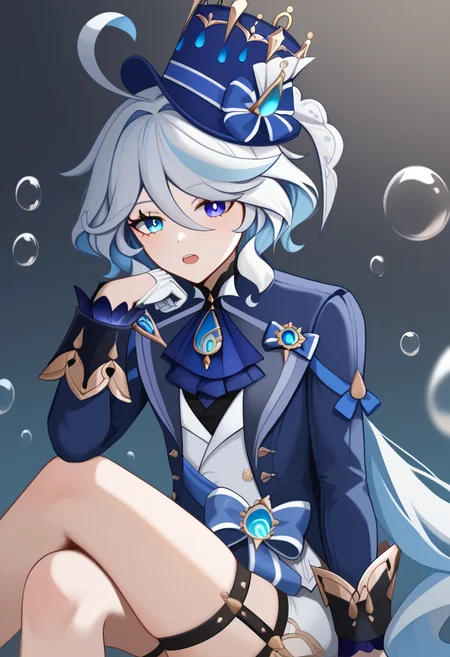score_9,score_8_up,score_7_up,<lora:furina_(genshin_impact)_pony:1>,open_jacket, brooch, sitting, sidelocks, head_rest, crossed_legs, 1girl, thigh_strap, white_background, elbow_rest, highres, furina_\(genshin_impact\), eyelashes, blue_jacket, open_mouth, long_sleeves, blue_hat, blue_gemstone, simple_background, top_hat, white_shirt, lapels, commentary_request, hair_intakes, looking_at_viewer, sleeve_cuffs, hand_up, short_shorts, solo, :o, blue_bow, blue_ascot, white_gloves, bubble, sparkle, heterochromia, white_shorts, frilled_sleeves