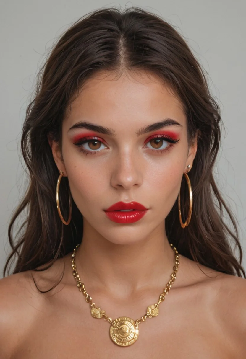 Portrait of A young woman wearing a sexy top, thick , slide in hair, gold necklace, big hoop earrings, beautiful Latino , very big full bimbo lips, features, dark brown hair hanging past her shoulders, red eyeshadow, , glossy black lipstick, round brown eyes betraying an old soul, zPDXL2 PnyCmicXLPOS <lora:43stl1ght1ngXLP2:0.5>, score_9, score_8_up, score_7_up, BREAK