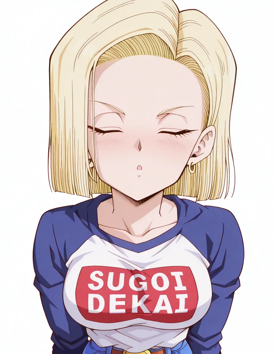 masterpiece, best quality, amazing quality,, <lora:android-18-anime-illustriousxl-lora-nochekaiser:1>, android 18, blonde hair, blue eyes, eyelashes, hoop earrings, short hair, earrings, mature female, medium breasts, anime screencap, <lora:sugoi-dekai-illustriousxl-lora-nochekaiser:1>, sugoi dekai, clothes writing, raglan sleeves, t-shirt, denim, denim skirt,, <lora:incoming-kiss-illustriousxl-lora-nochekaiser:1>, incoming kiss, closed eyes, blush, pov, upper body, shouting, , <lora:transparent-background-illustriousxl-lora-nochekaiser:1>, transparent background, simple background, white background, ,