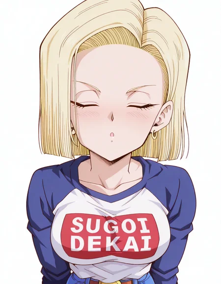 masterpiece, best quality, amazing quality,, <lora:android-18-anime-illustriousxl-lora-nochekaiser:1>, android 18, blonde hair, blue eyes, eyelashes, hoop earrings, short hair, earrings, mature female, medium breasts, anime screencap, <lora:sugoi-dekai-illustriousxl-lora-nochekaiser:1>, sugoi dekai, clothes writing, raglan sleeves, t-shirt, denim, denim skirt,, <lora:incoming-kiss-illustriousxl-lora-nochekaiser:1>, incoming kiss, closed eyes, blush, pov, upper body, shouting, , <lora:transparent-background-illustriousxl-lora-nochekaiser:1>, transparent background, simple background, white background, ,