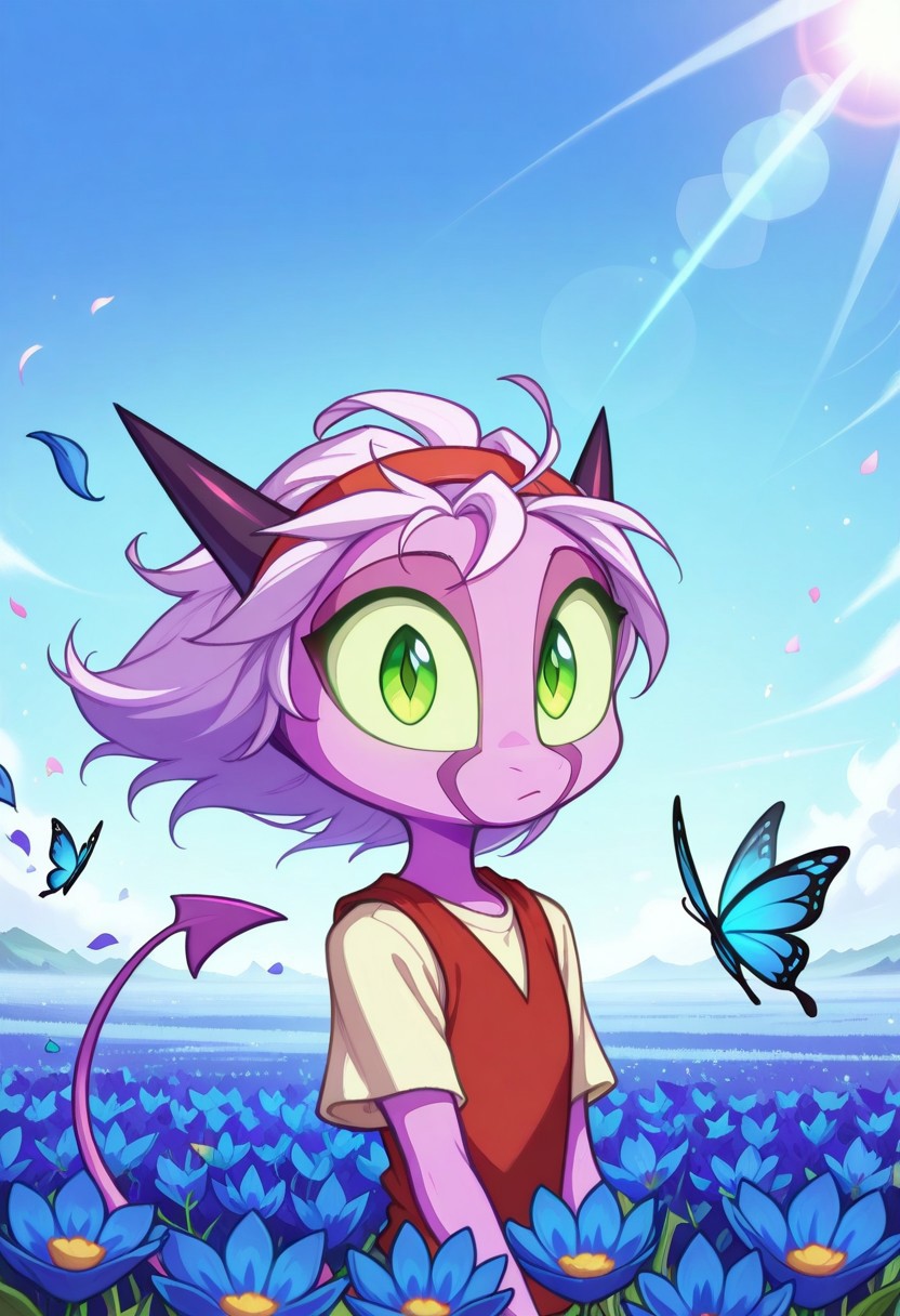 Dreamkeepers,1girl,Prelude_Namah,solo,demon tail, green eyes, horns, 
child,
masterpiece, best quality, good quality, very awa, newest, highres, absurdres, 
looking at viewer, floating hair, Main Outfit, red hairband, red vest,shirt, short sleeves, outdoors, sky, day, blue sky, petals, wind, butterfly, blue flower, falling petals, field, flower field, blue butterfly,
upper body, Lens Flare,Bright And Sunny Lighting,