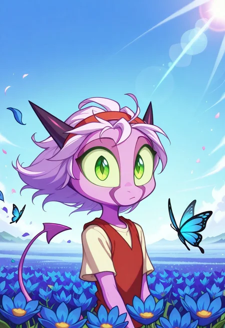 Dreamkeepers,1girl,Prelude_Namah,solo,demon tail, green eyes, horns,
child,
masterpiece, best quality, good quality, very awa, newest, highres, absurdres,
looking at viewer, floating hair, Main Outfit, red hairband, red vest,shirt, short sleeves, outdoors, sky, day, blue sky, petals, wind, butterfly, blue flower, falling petals, field, flower field, blue butterfly,
upper body, Lens Flare,Bright And Sunny Lighting,