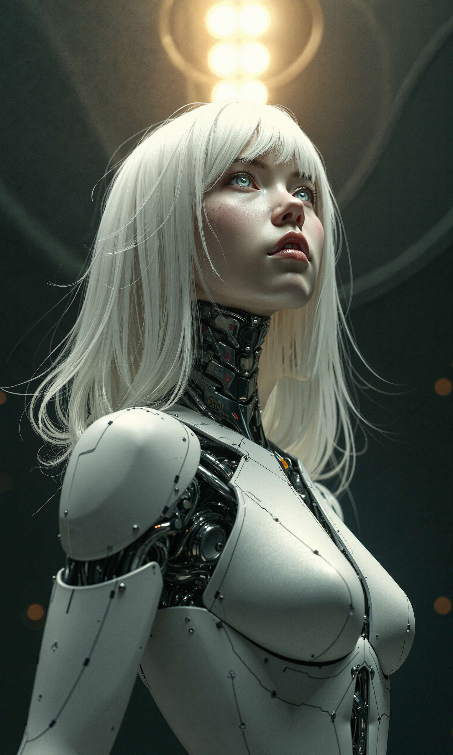 A biomechanical female robot, with East Asian features, pale skin tone, and an intense, upwards gaze, stands amidst a dark, atmospheric, and cinematic backdrop, reminiscent of Ridley Scott's visual style. Soft, natural, and dark lighting, with a spotlight above, illuminates her white, metallic body, and silver eyes, accentuating her dramatic beauty. Metallic white hair falls around her, blending into the shadows. A missing panel on her cheek reveals multi-colored, exposed wiring. Shallow depth of field, film grain, and bokeh create a dynamic, cinematic atmosphere, with a subtle, 35mm film texture and warm, golden color grading. The painting is in the style of umesky<lora:ume_sky_v2.safetensors:0.8:0.8>
