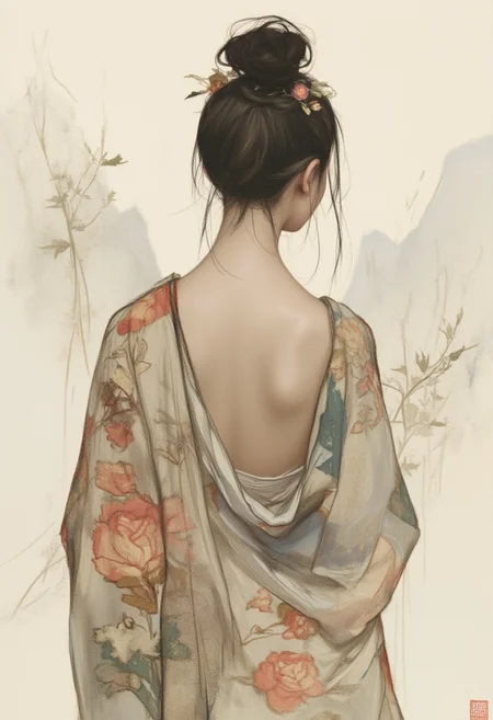 OBxiaoxiang,
This image is a digital illustration featuringA serene back-view portrait of 
A stunning back-view composition of a Chinese girl rendered in the elegant style of a traditional black ink painting with a slight brown ink palette. She wears a flowing, intricate traditional dress with an open-back design, exposing her smooth, graceful back and subtly accentuating her rounded curves.
Her silhouette is delicately framed by the sweeping lines of the dress, which flow downward in soft, ink-brush strokes, creating a harmonious blend of texture and motion. The intricate embroidery of the fabric is suggested through light, expressive detailing, while her tied-up hair, adorned with ornate hairpins, adds a regal touch.
The background features minimal yet evocative brushstrokes, hinting at misty mountains and abstract floral motifs, allowing the figure to remain the central focus. The muted brown undertones subtly soften the black ink, evoking an aged, timeless atmosphere. The overall mood is serene and artistic, capturing the essence of traditional Chinese aesthetics with an alluring and elegant twist.. The artist has used subtle shading and highlights to create a three-dimensional effect, enhancing the realism of the subject. The overall mood of the image is introspective and contemplative, capturing a moment of quiet reflection.