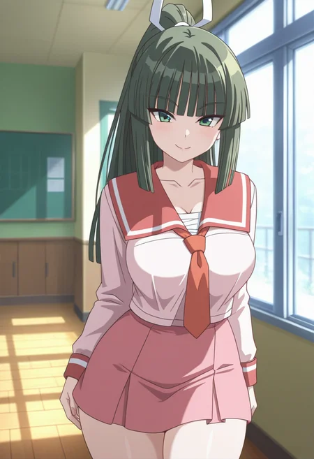 masterpiece, best quality, amazing quality, 1girl, solo, cowboy shot, akenoww, green eyes, green hair, long hair, blunt bangs, ponytail, white hair ribbon, large breasts, school uniform, pink serafuku, red sailor collar, breasts, collarbone, pink shirt, sarashi under shirt, long sleeves, red skirt, kneehighs, looking at viewer, smile, indoors, day, skindentation, detailed clothing folds, depth of field, sharp, high contrast, dynamic light<lora:Shiranui_Akeno_Seto_no_Hanayome_ill_v22:0.9>