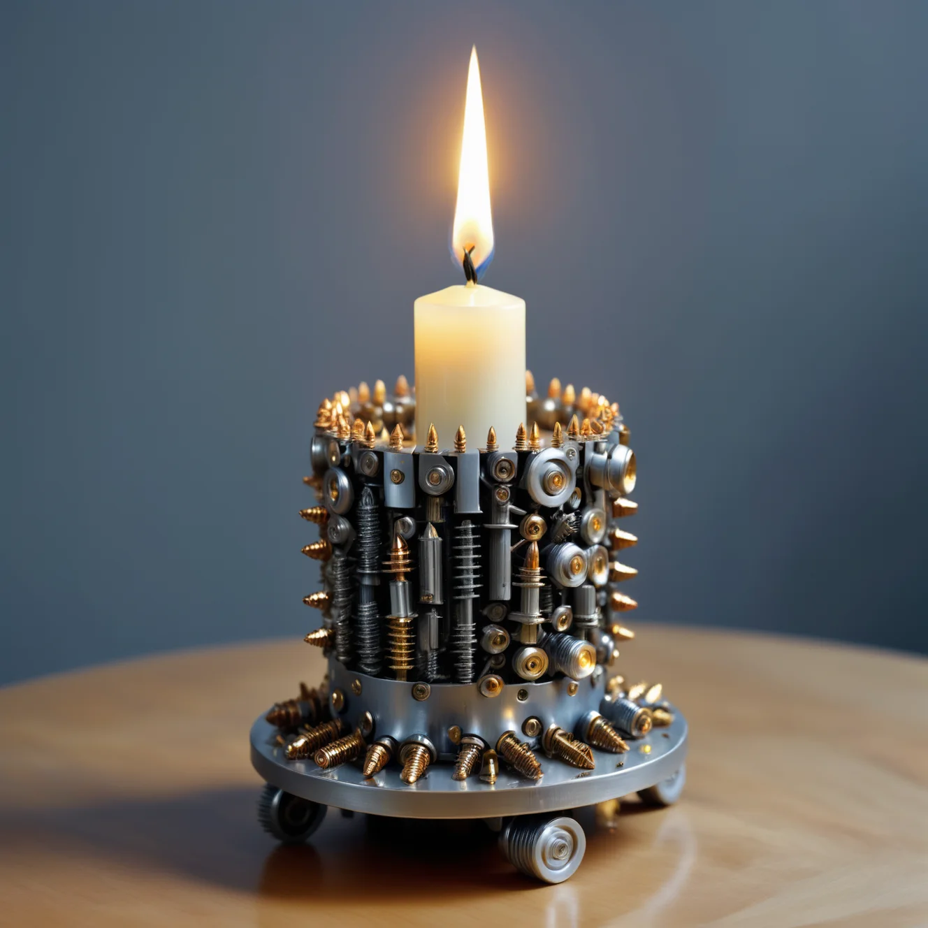 a candle made out of Jed-Screws, photorealistic, full of details, detailed screws, <lora:SteelScrewsStyle-000006:0.7>