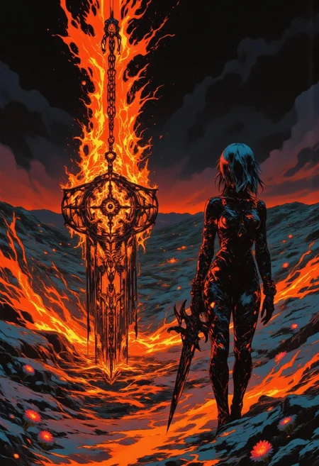 The flames licked hungrily at a chain-bound sigil, its ancient etchings glowing red-hot before surrendering to ash. She stood barefoot in the barren field, clutching a qiang, its darkened blade reflecting the chaos around her. Barbed wire coiled like a serpent through the scattered flowers, each petal trembling in the breath of the fire. The sigil’s destruction split the night with an otherworldly hum, its power evaporating into the void, leaving the air heavy with unspoken oaths. Her silhouette loomed against the inferno, a figure caught between ruin and resolve, the weight of broken symbols dragging at the edges of her soul. CAICO, underfashion, FFAIM, ff-enhance