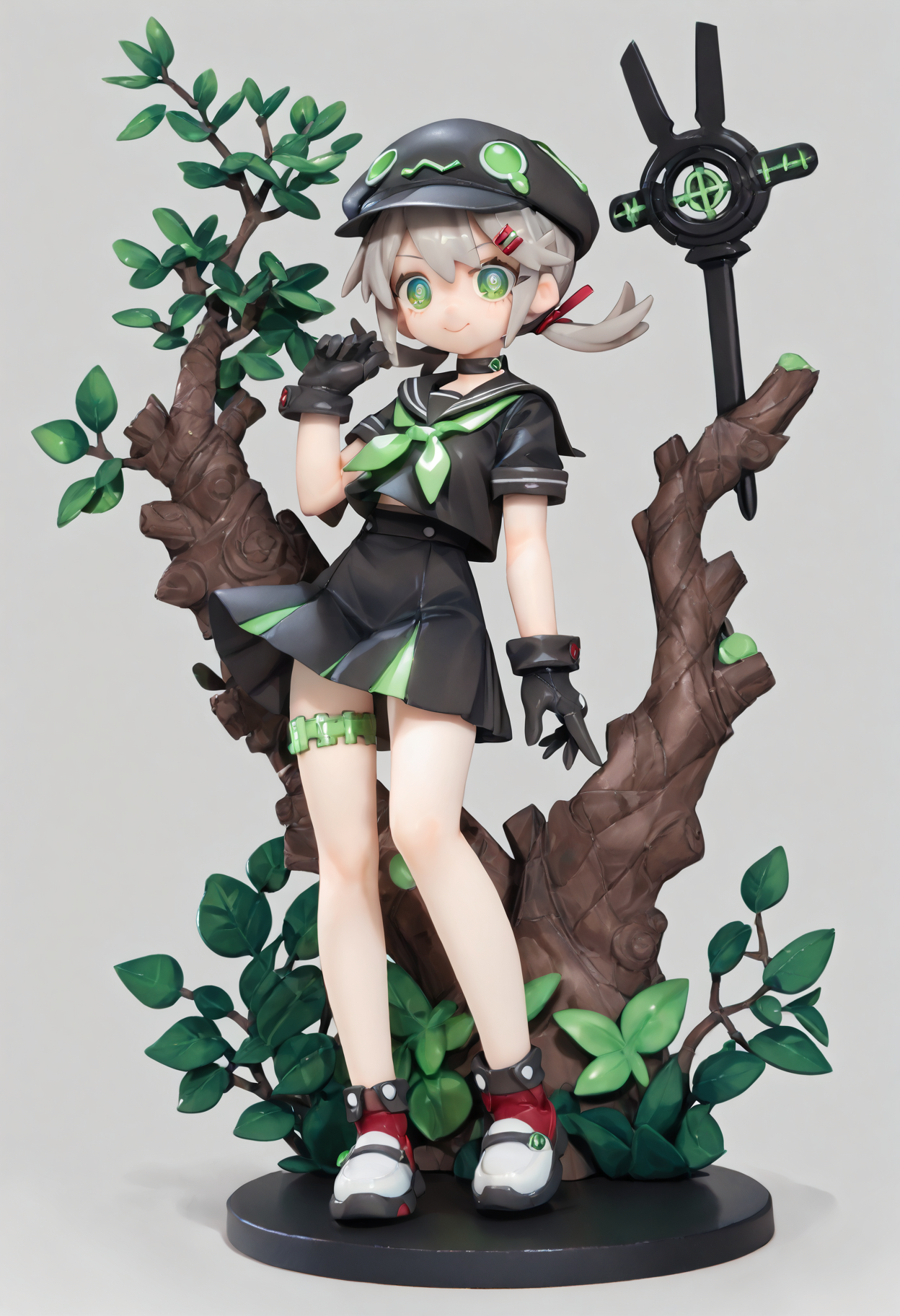(score_9,score_8_up,score_7_up),source_anime,alter, 1girl, solo, sailor_collar, green_eyes, hair_ornament, hairclip, shirt, colored_skin, school_uniform, neckerchief, simple_background, green_neckerchief, serafuku, smile, grey_hair, twintails, gloves, black_shirt, skirt, hat, black_gloves, choker, low_twintails, blue_skin, full_body, black_headwear, black_skirt, standing, short_sleeves, short_twintails, closed_mouth, black_choker, thigh_strap, shoes, white_footwear, cabbie_hat, <lora:lvziXL-000005:0.8>