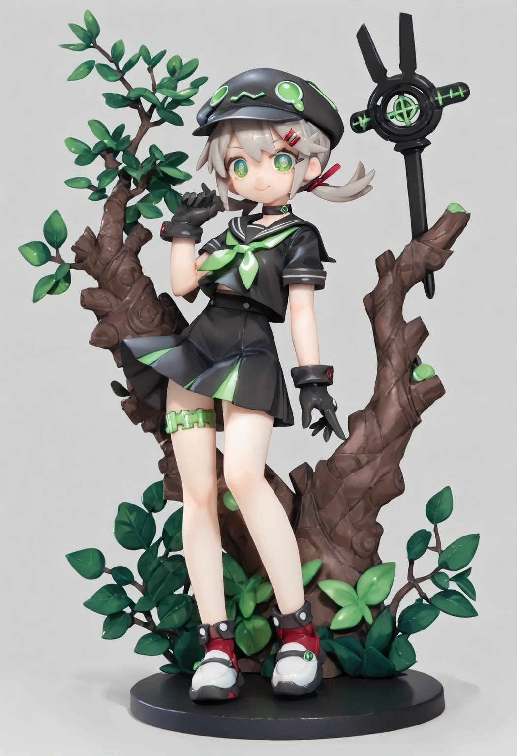 (score_9,score_8_up,score_7_up),source_anime,alter, 1girl, solo, sailor_collar, green_eyes, hair_ornament, hairclip, shirt, colored_skin, school_uniform, neckerchief, simple_background, green_neckerchief, serafuku, smile, grey_hair, twintails, gloves, black_shirt, skirt, hat, black_gloves, choker, low_twintails, blue_skin, full_body, black_headwear, black_skirt, standing, short_sleeves, short_twintails, closed_mouth, black_choker, thigh_strap, shoes, white_footwear, cabbie_hat, <lora:lvziXL-000005:0.8>