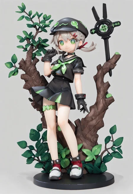 (score_9,score_8_up,score_7_up),source_anime,alter, 1girl, solo, sailor_collar, green_eyes, hair_ornament, hairclip, shirt, colored_skin, school_uniform, neckerchief, simple_background, green_neckerchief, serafuku, smile, grey_hair, twintails, gloves, black_shirt, skirt, hat, black_gloves, choker, low_twintails, blue_skin, full_body, black_headwear, black_skirt, standing, short_sleeves, short_twintails, closed_mouth, black_choker, thigh_strap, shoes, white_footwear, cabbie_hat, <lora:lvziXL-000005:0.8>