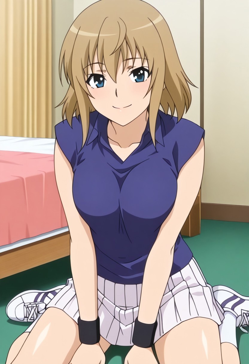 1girl, bedroom, happy, looking at viewer, BREAK, haruka ichinose joshikousei no koshitsuki anime style, medium hair, brown hair, blue eyes, medium breasts, BREAK, haruka ichinose ep2 tennis outfit, tennis uniform, sleeveless shirt, collared shirt, blue shirt, wristband, white skirt, pleated skirt, white socks, sneakers,