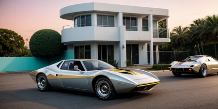Bertone wedge style , concept art, a futuristic chrome and steel 6 wheeled car , pop up headlights and concave rims, white and gold stripes retrofuturism, 1970s , miami sunset, in front of an art deco house , neon, background is aqua ,photorealistic , leica summilux , fuji velvia