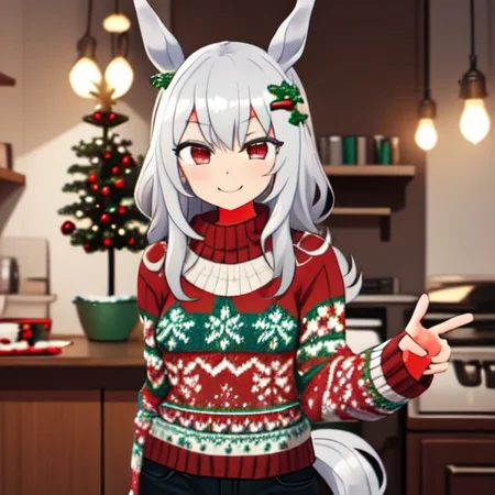 (OguriCap,solo, horse ears, 1girl, evil smile, looking at viewer), christmassweater, christmas, , long hair, red eyes, sweater, long sleeves, pants, indoors ,world_christmassweater-20, kanikama, (simple back ground : 0.6) , mesugaki , silver hair , hair ornament