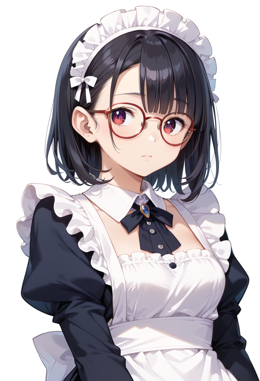 score_9, score_8_up, score_7_up, rating_safe, masterpiece, best quality, absurdres, unity 8k wallpaper, official art, official style, source_anime, uncensored, game cg, megami magazine,
1girl, solo, black hair, medium hair, upper body, covered eyes,maid, maid headdress, black dress, maid apron,
g-boston19A, glasses, simple background, white background, red-framed eyewear, upper body, face focus,
<lora:glasses_boston19A_PONY_V1:1>